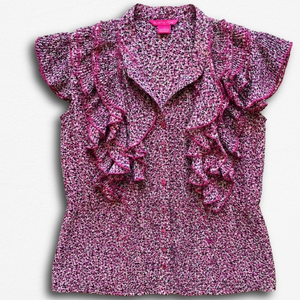 Sunny Leigh Pink Purple Floral Ruffle Button Front Blouse Flutter Sleeve Small